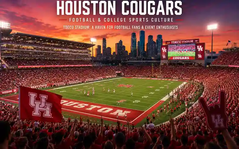 Houston Cougars football fans cheering inside TDECU Stadium during a college football game with players on the field, red team colors throughout the crowd, stadium lights glowing at sunset, and the Houston skyline in the background.